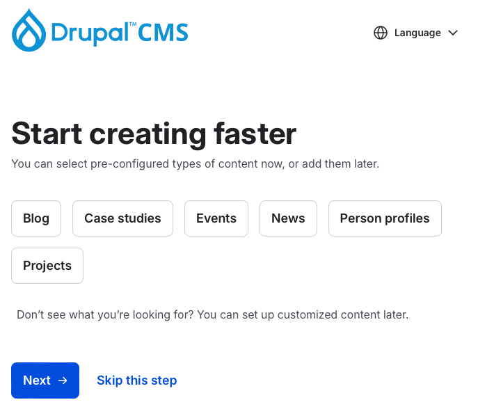 Drupal CMS installer page showing available recipes.